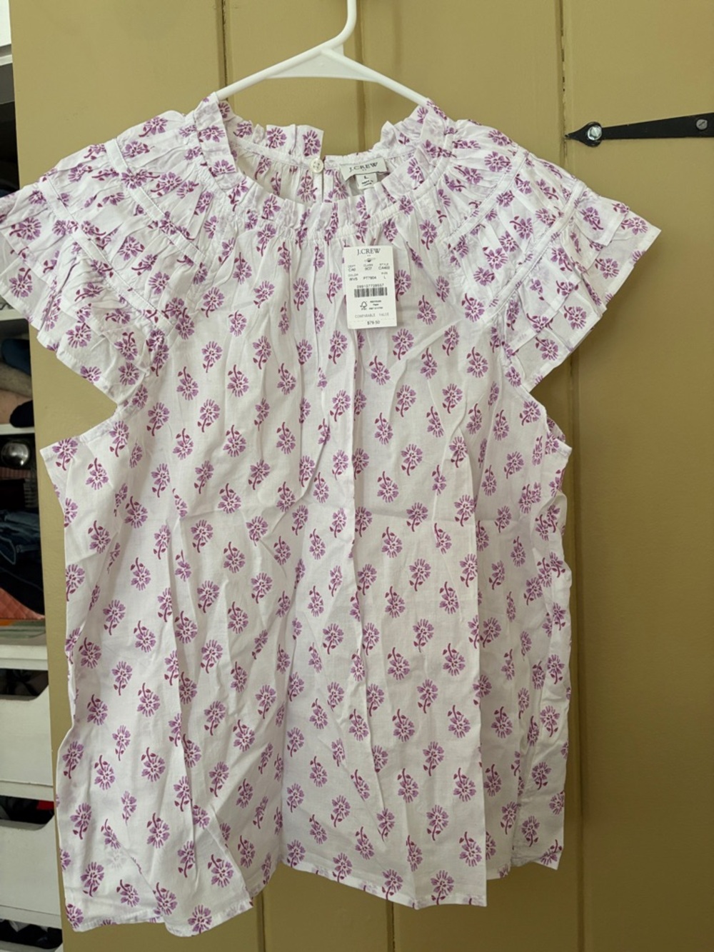 J. Crew White Cotton Top with Purple Floral Print